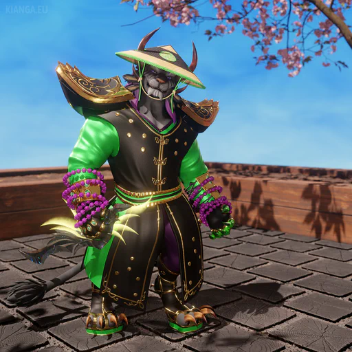 3D render of a male charr wearing a bamboo hat with holes made to fit his horns, and a black coat and pauldrons with gold accents over a jade green shirt and purple pants. He's holding a shining dagger in his right paw.
