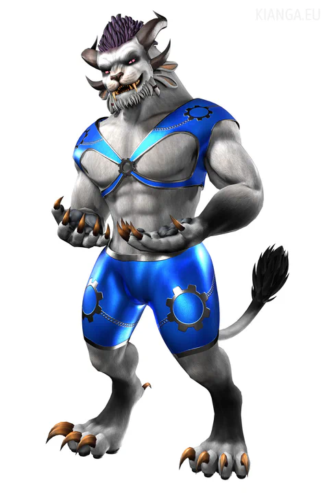 3D render of a male charr with light gray fur, pink eyes, and a dark purple mane. He's wearing a blue-metallic crop top and pants with silver gears printed on his thighs and shoulders, with smaller silver chains connecting them. The crop top is held together by a large iron gear on his chest, and it has two large holes revealing his pecs.
