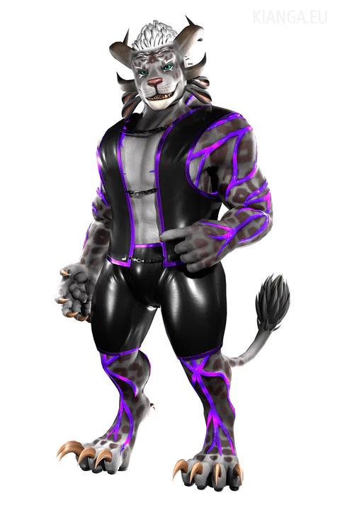 3D render of a male charr with light gray fur, teal eyes, and a white mane. His body is covered in large purple crystal veins, and he's wearing tight black leather shorts and a sleeveless black leather jacket with purple metallic edges and three loose metal chains holding it together across his bare chest. He is holding his jacket open with the claw of his left index finger and giving the viewer a seductive look.
