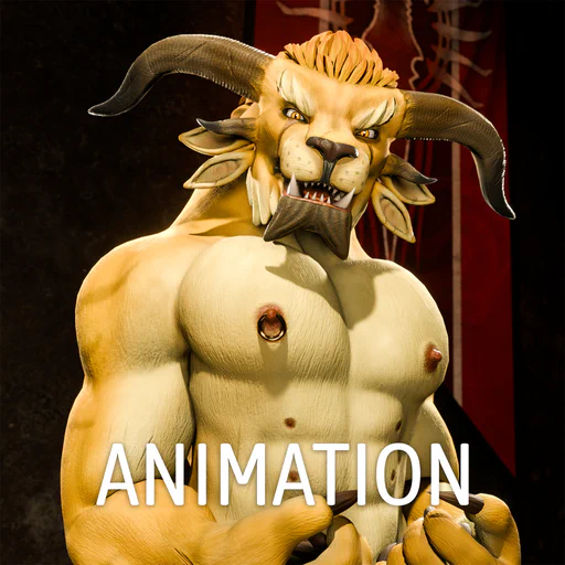 3D animation featuring a shirtless charr jiggling his pecs while staring at the viewer. He is very muscular, has yellow fur with an orange mane, long brown horns, and his right nipple is pierced with a large gold ring.