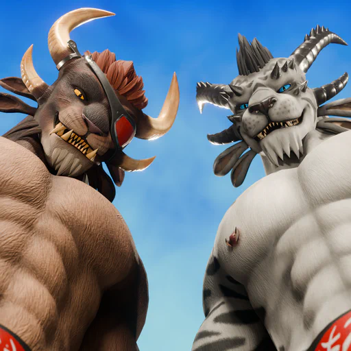 3D render featuring two shirtless and very muscular male charr looking down at the viewer with big grins. Their massive chests occupy most of the frame. The charr on the left has brown fur, yellow eyes, and a red eye patch, the one on the right has white fur with black tiger stripes, blue eyes, and barbell nipple piercings.

