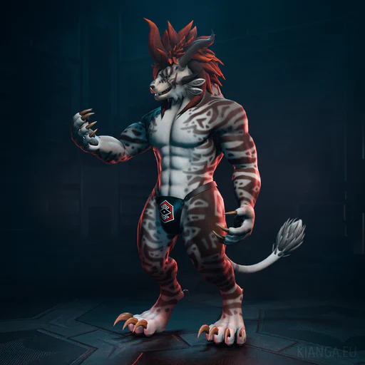 3D render of a male charr with light gray fur, green eyes, a fluffy red mane, and an irregular reddish-brown fur pattern, holding up his right hand paw and looking at it while wearing only a jockstrap with the Inquest logo on it. He is standing in a dimly lit room, illuminated by strong red rim lights, with dark hexagonal floor tiles and metal vents in the background.
