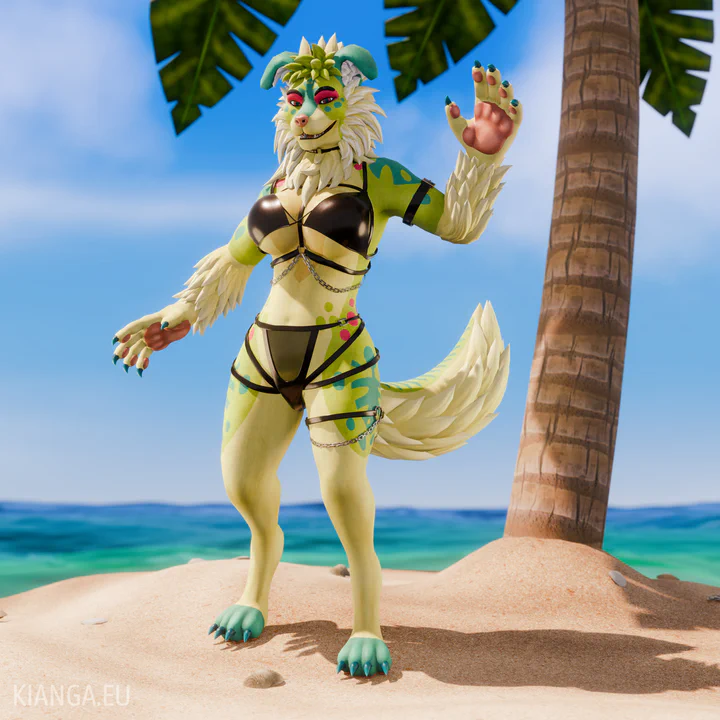 3D render of a female anthro collie with a colorful design and a long fluffy tail. Yellow and light green fur with blue flower patterns and pink accents. She is wearing a black bikini with leather straps and small decorative metal chains.
