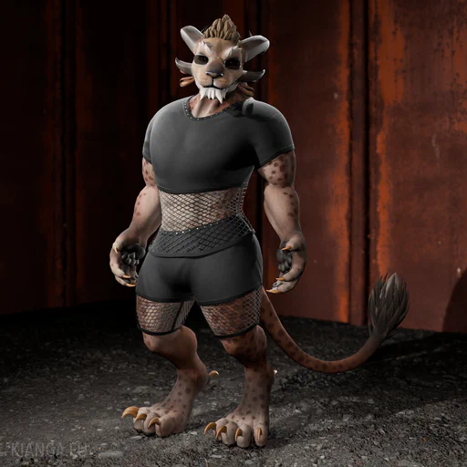 3D render of a male charr with brown fur, wearing stylish dark sunglasses and a black shirt and shorts. The lower half of each have a mesh design that shows the fur of his belly and thighs.
