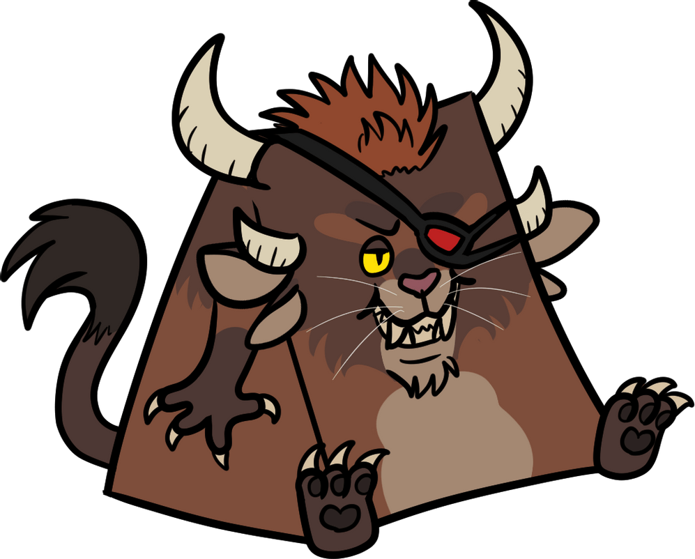 Digital colored drawing of a charr warrior with brown fur and a red eye patch. His body has the shape of a large cheese wedge (as if he just ate it), and he's looking very happy about it.